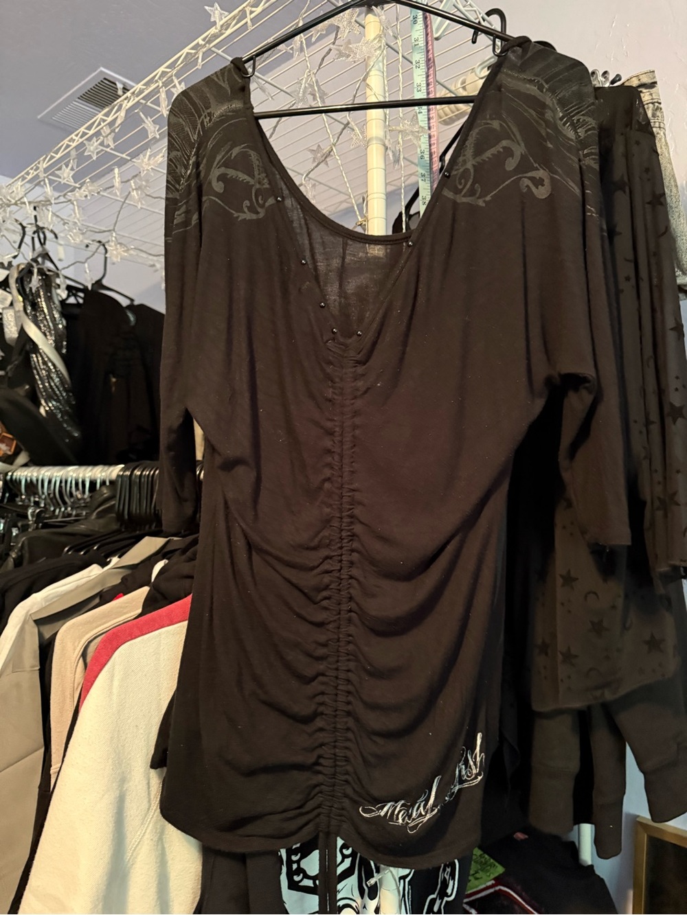 Black Scoop Neck Long Sleeve Top with Winged Heart Detaily2K flowy blouse - Picture 2 of 3